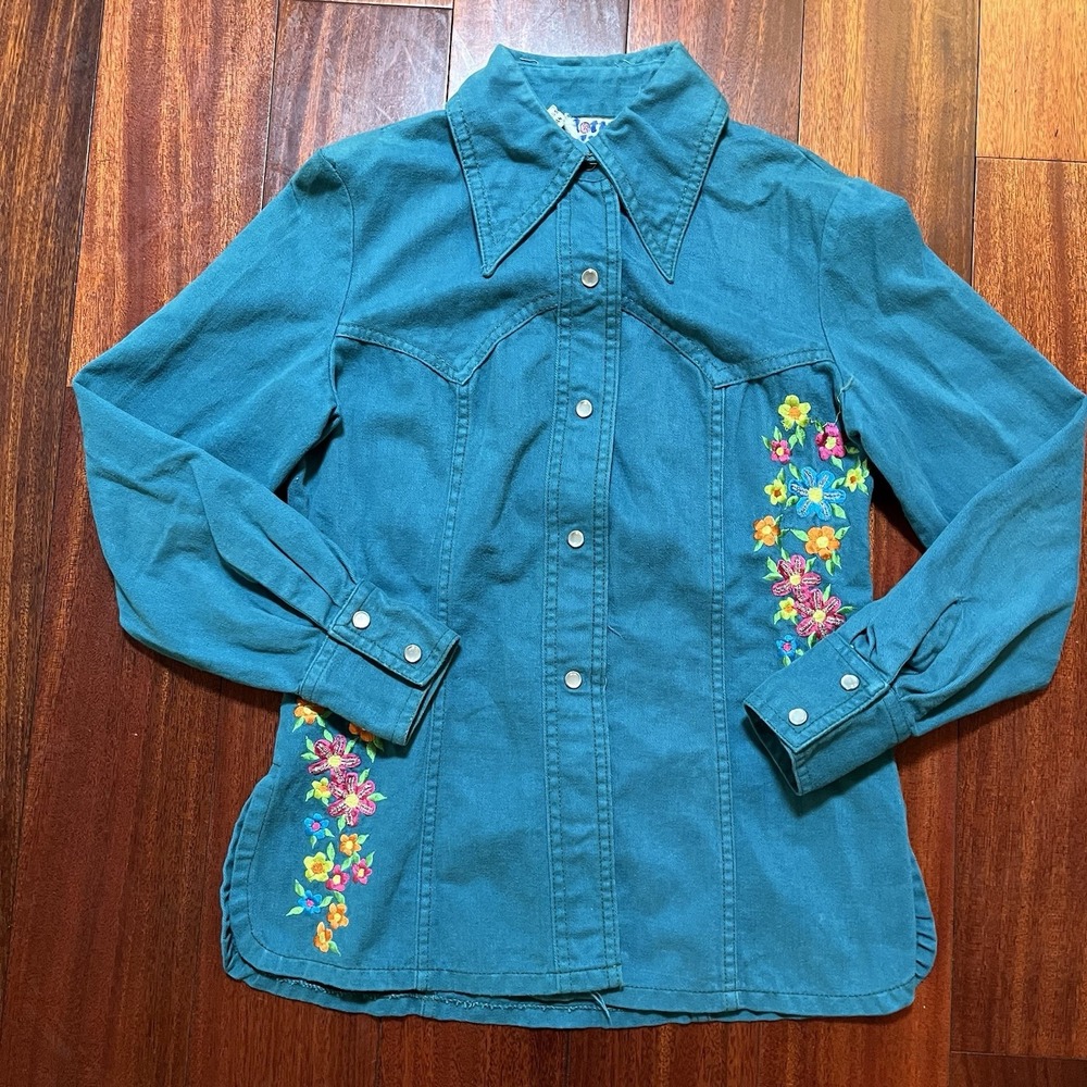 Vintage Dotti Didit Womens Small 4 6 Shirt Jacket Floral Pearl Snap Blue 70's